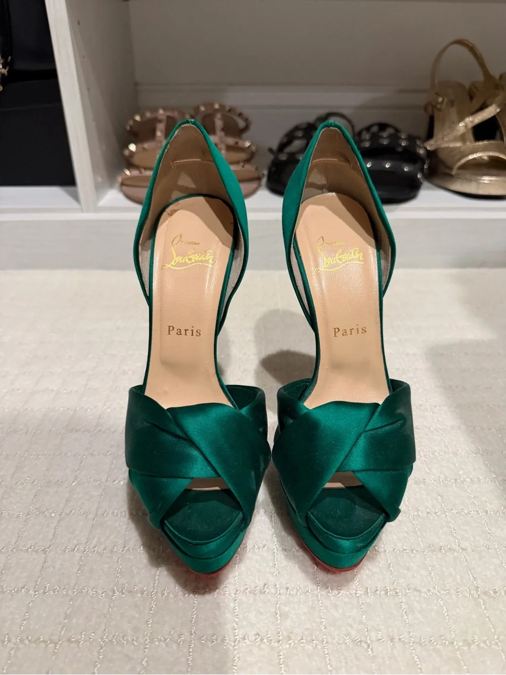 Christian Louboutin Emerald Green Satin Knotted Peep-Toe Platforms